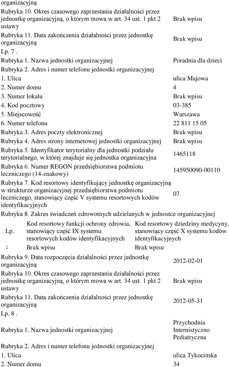 Ulica ulica Majowa 2. Numer domu 4 3. Numer lokalu 4. Kod pocztowy 3-385 6. Numer telefonu 22 8 5 5 Rubryka 3.