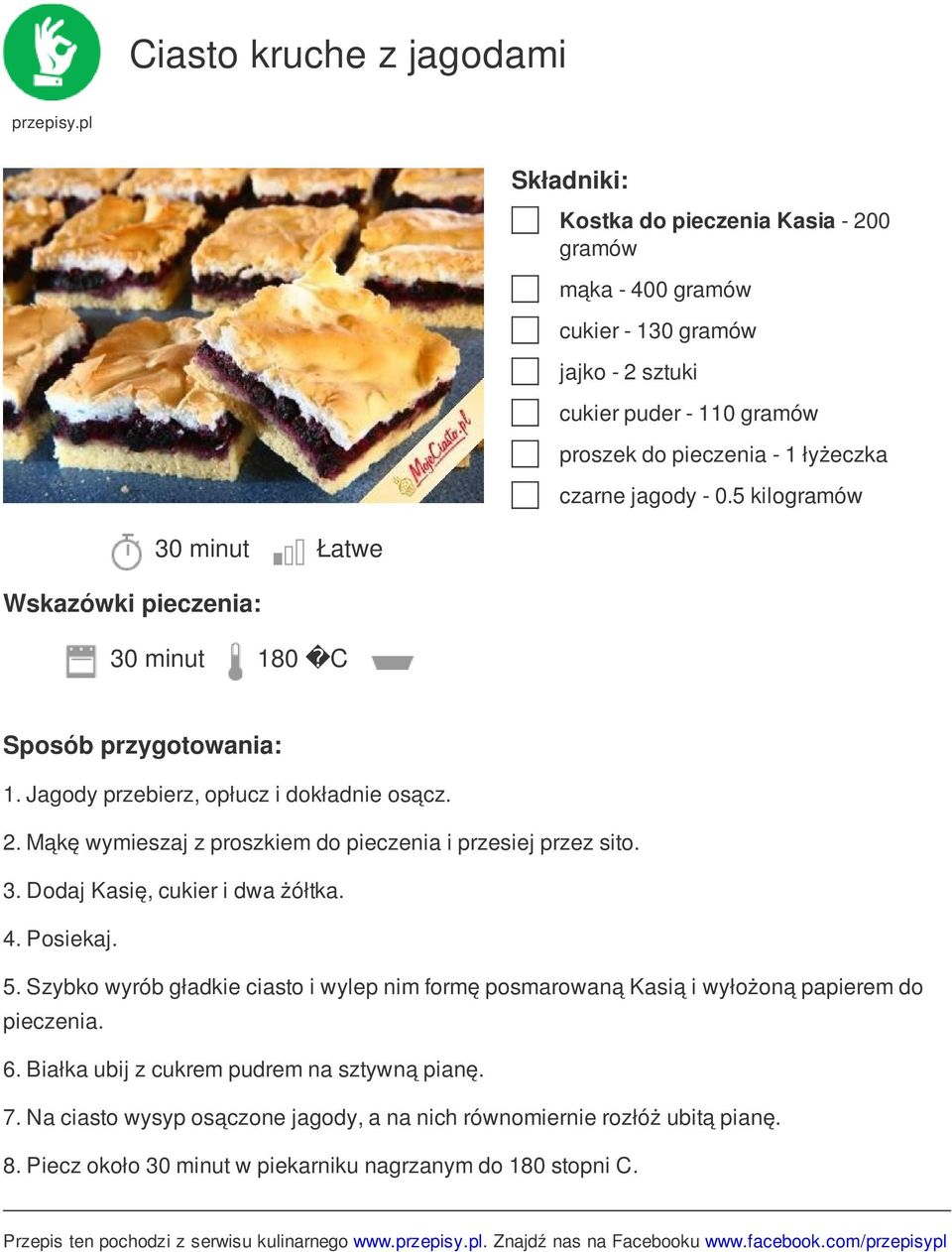 Posiekaj. 5. Szybko wyrób gładkie ciasto i wylep nim formę posmarowaną Kasią i wyłożoną papierem do pieczenia. 6. Białka ubij z cukrem pudrem na sztywną pianę. 7.
