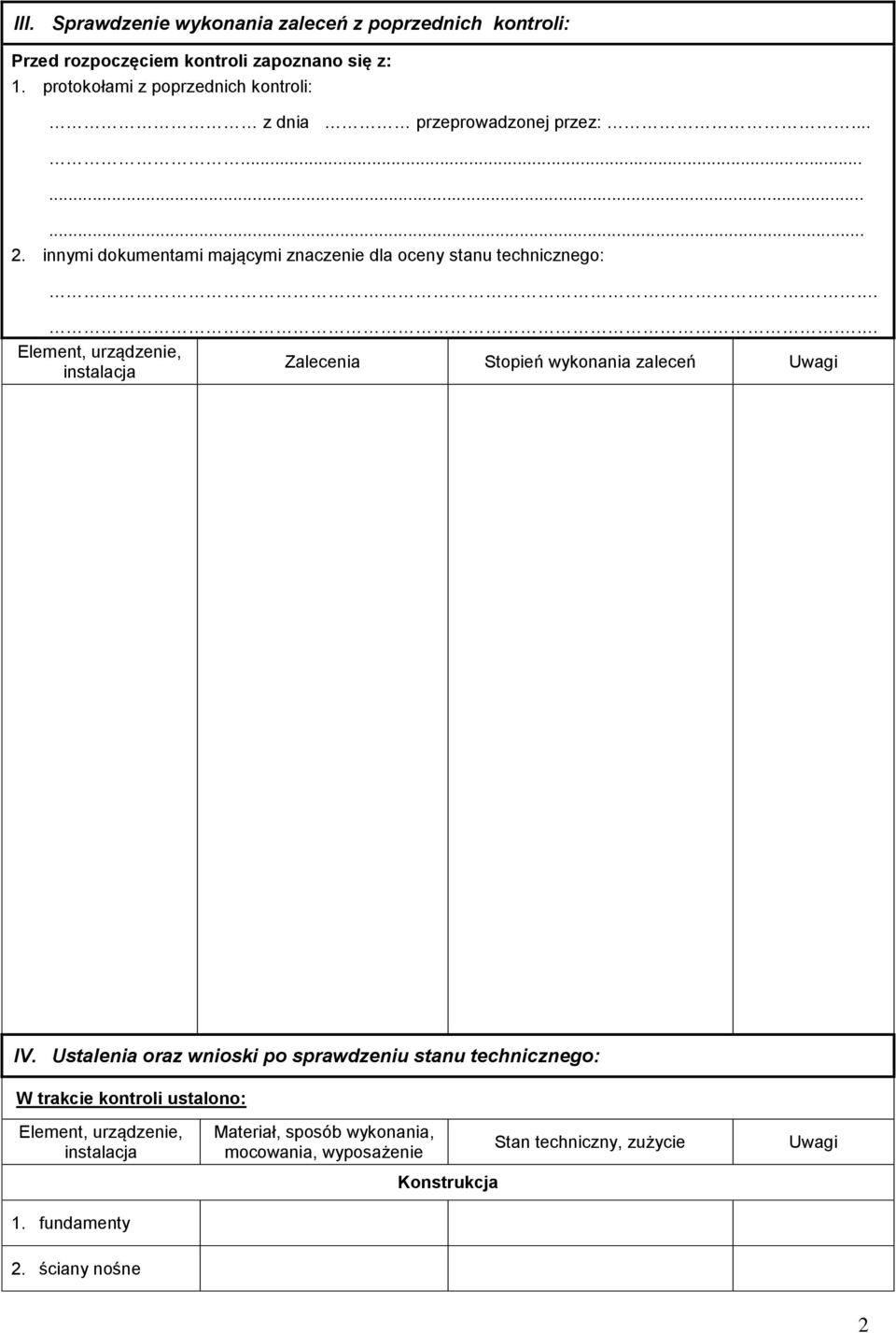 innymi dokumentami mającymi znaczenie dla oceny stanu technicznego:.... Element, urządzenie, Zalecenia Stopień wykonania zaleceń Uwagi instalacja IV.