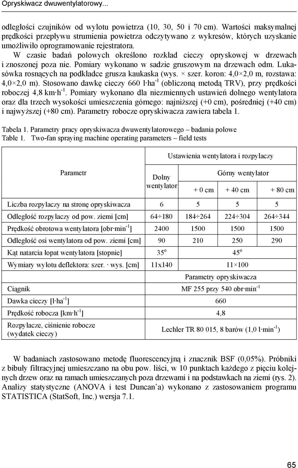 W czasie badań polowych określono rozkład cieczy opryskowej w drzewach i znoszonej poza nie. Pomiary wykonano w sadzie gruszowym na drzewach odm. Lukasówka rosnących na podkładce grusza kaukaska (wys.