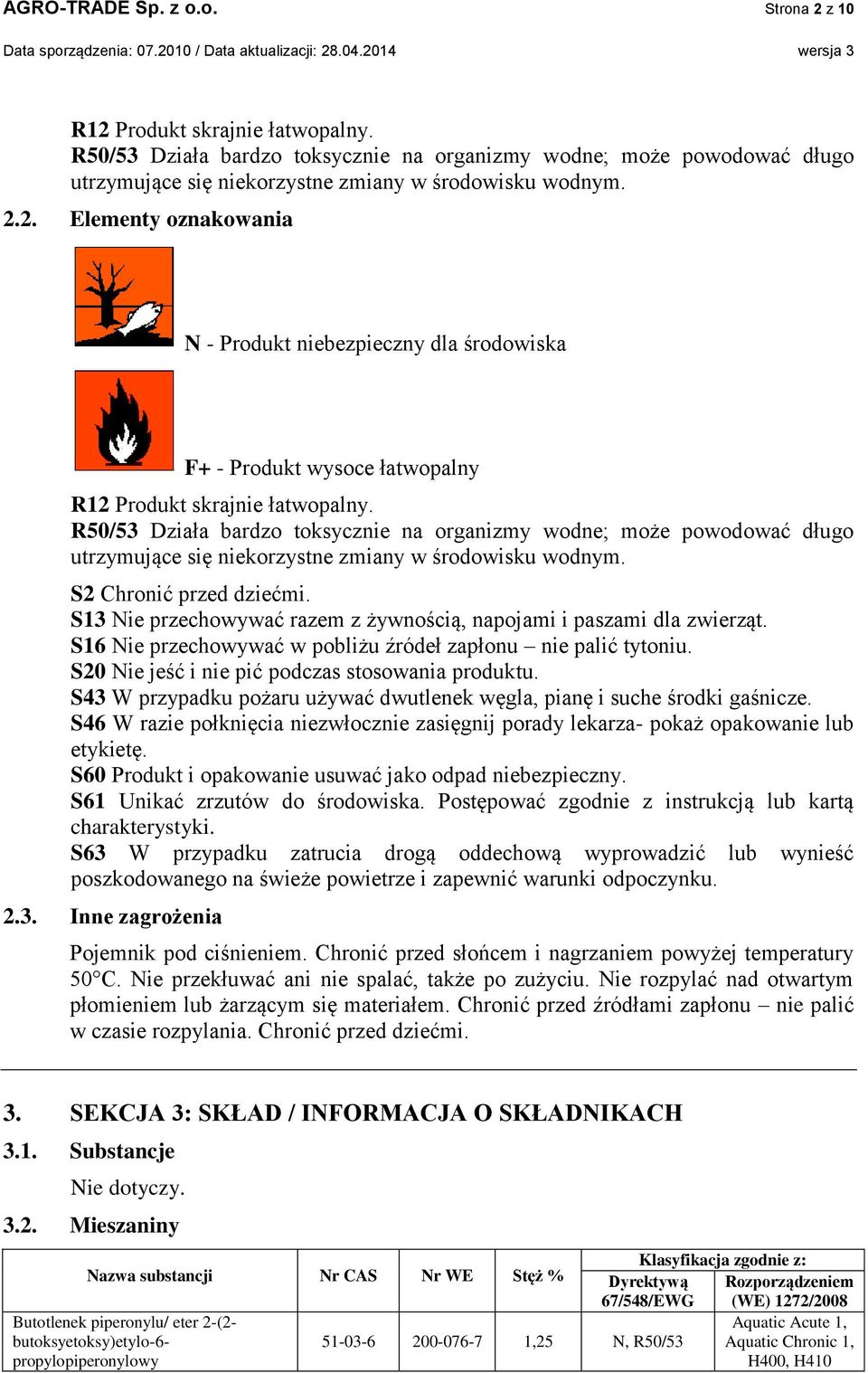 R50/53 Działa bardzo toksycznie na organizmy wodne; może powodować długo utrzymujące się niekorzystne zmiany w środowisku wodnym. S2 Chronić przed dziećmi.