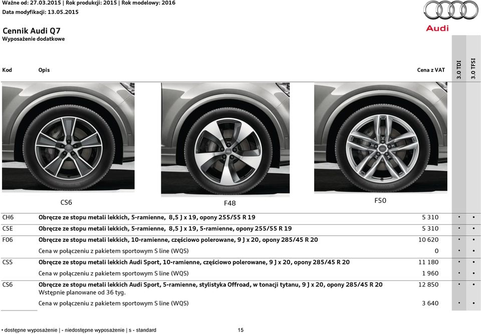 Audi Sport, 10-ramienne, częściowo polerowane, 9 J x 20, opony 285/45 R 20 11 180 Cena w połączeniu z pakietem sportowym S line (WQS) 1 960 Obręcze ze stopu metali lekkich Audi Sport, 5-ramienne,