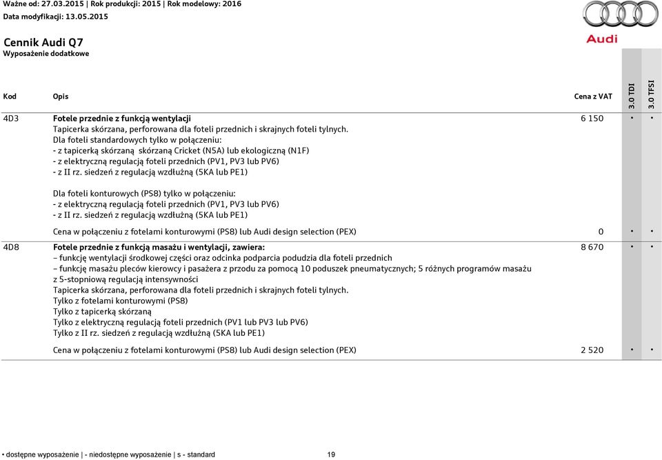 siedzeń z regulacją wzdłużną (5KA lub PE1) Dla foteli konturowych (PS8) tylko w połączeniu: - z elektryczną regulacją foteli przednich (PV1, PV3 lub PV6) - z II rz.