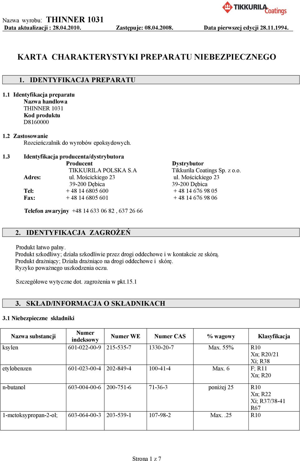 A Tikkurila Coatings Sp. z o.o. Adres: ul. Mościckiego 23 ul.
