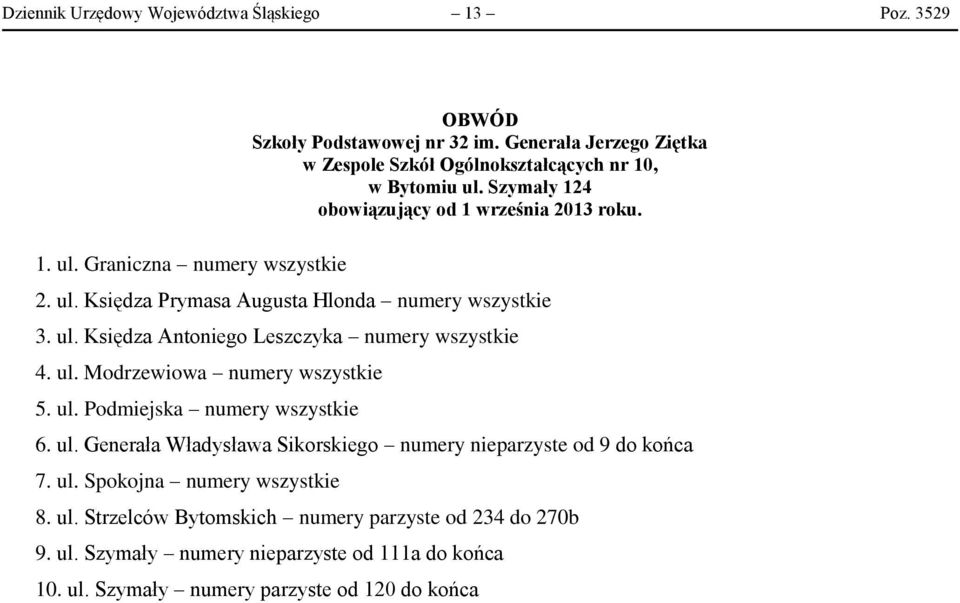 ul. Modrzewiowa numery wszystkie 5. ul. Podmiejska numery wszystkie 6. ul. Generała Władysława Sikorskiego numery nieparzyste od 9 do końca 7. ul. Spokojna numery wszystkie 8.