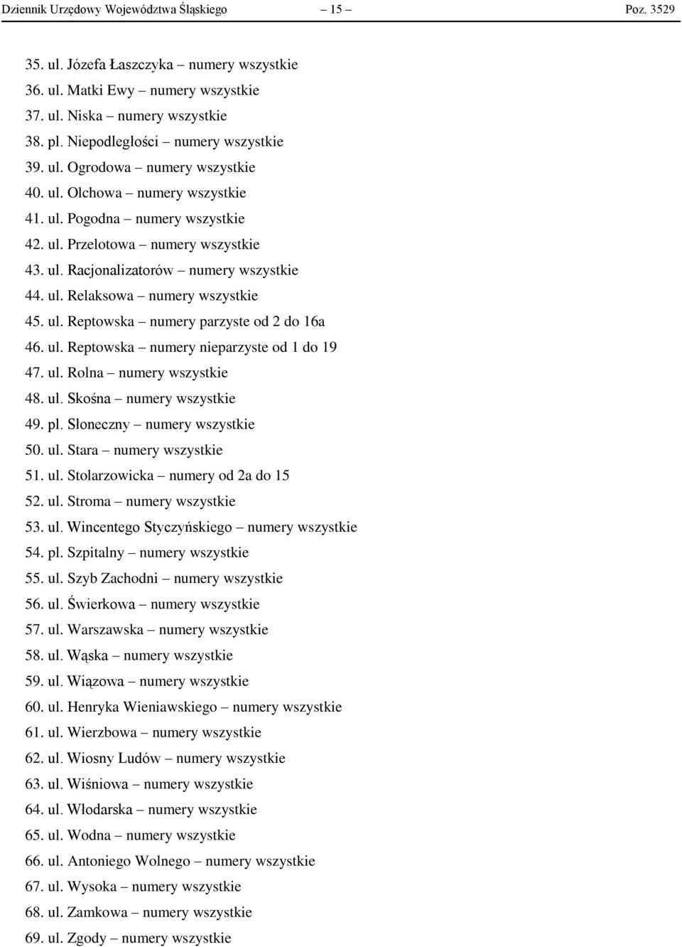 ul. Relaksowa numery wszystkie 45. ul. Reptowska numery parzyste od 2 do 16a 46. ul. Reptowska numery nieparzyste od 1 do 19 47. ul. Rolna numery wszystkie 48. ul. Skośna numery wszystkie 49. pl.