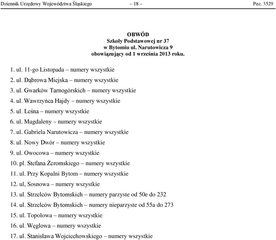 Stefana Żeromskiego numery wszystkie 11. ul. Przy Kopalni Bytom numery wszystkie 12. ul, Sosnowa numery wszystkie Szkoły Podstawowej nr 37 w Bytomiu ul. Narutowicza 9 13. ul. Strzelców Bytomskich numery parzyste od 50e do 232 14.