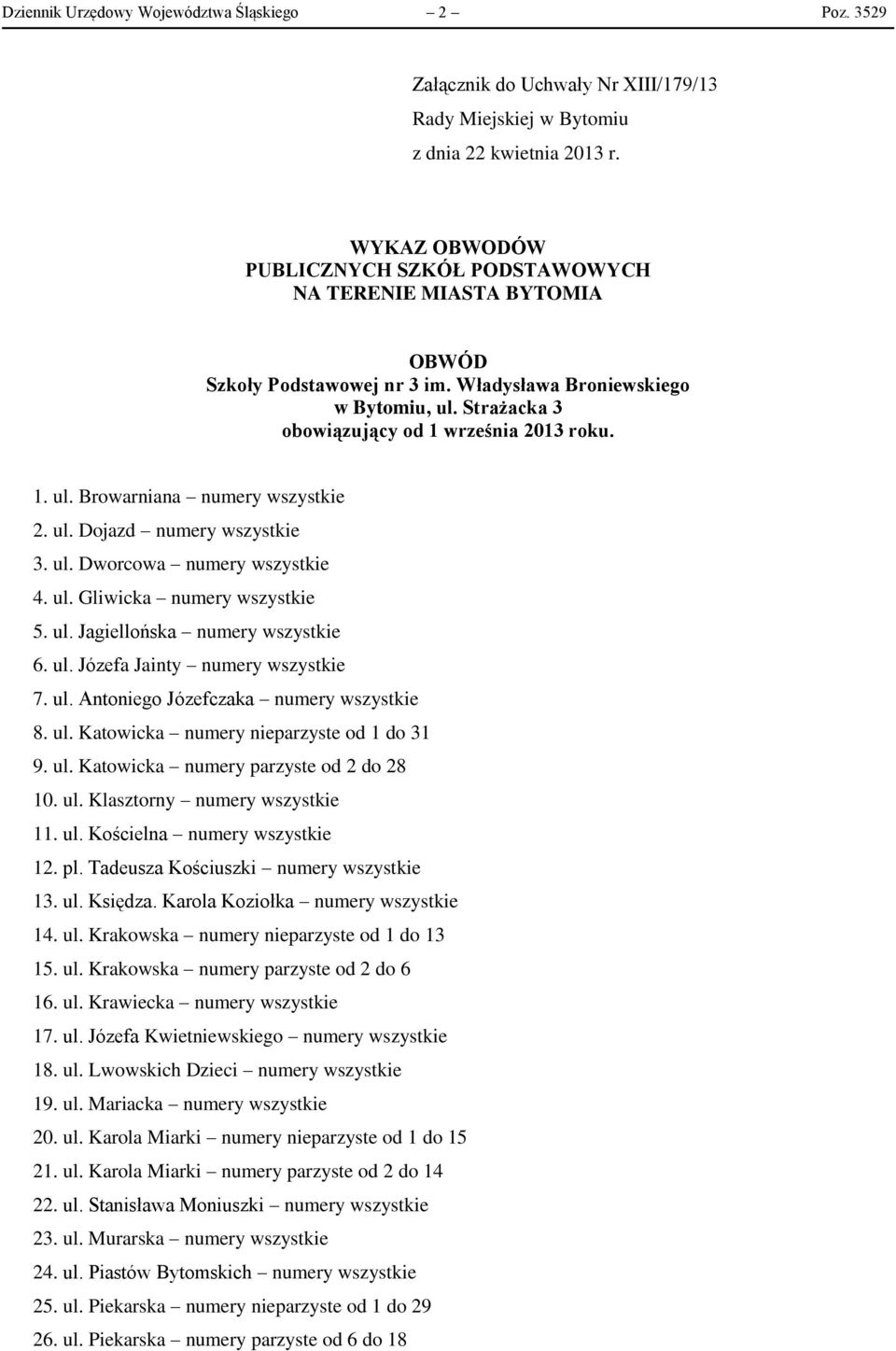 ul. Dworcowa numery wszystkie 4. ul. Gliwicka numery wszystkie 5. ul. Jagiellońska numery wszystkie 6. ul. Józefa Jainty numery wszystkie 7. ul. Antoniego Józefczaka numery wszystkie 8. ul. Katowicka numery nieparzyste od 1 do 31 9.
