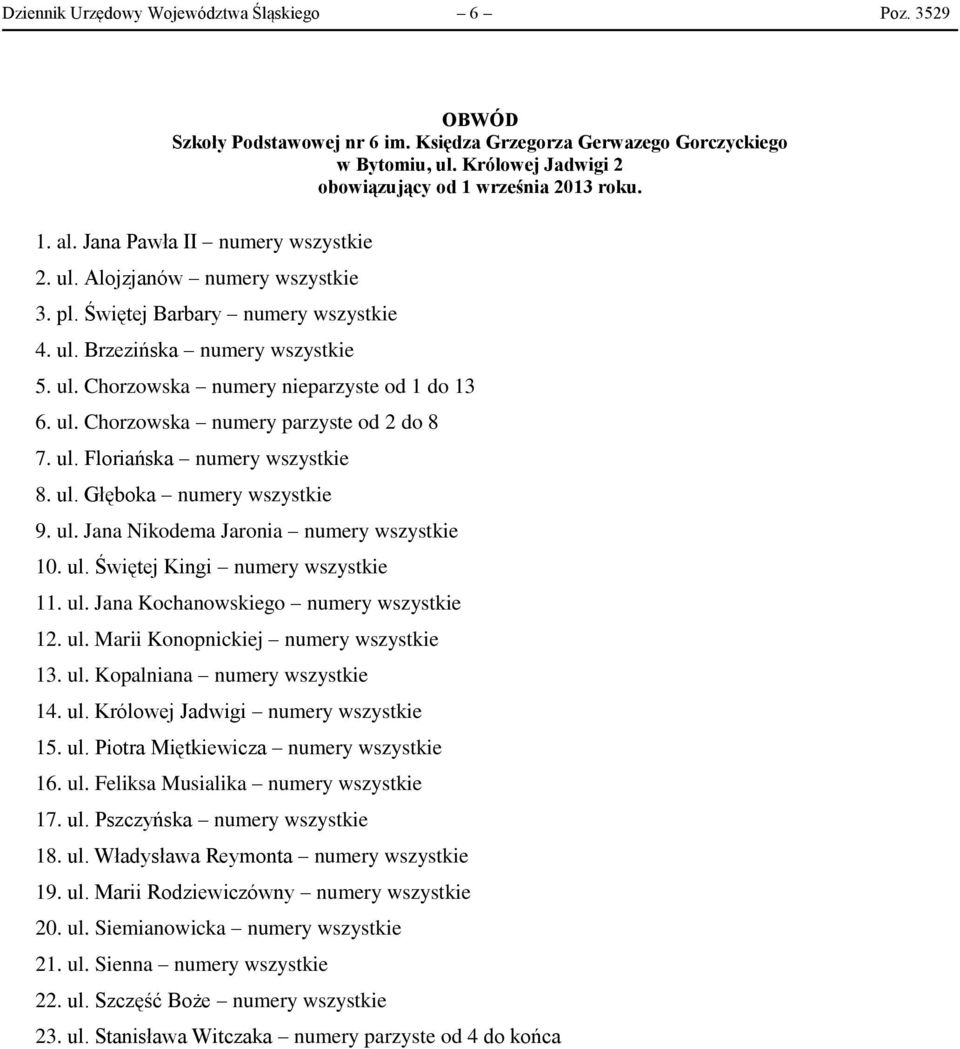 ul. Głęboka numery wszystkie 9. ul. Jana Nikodema Jaronia numery wszystkie 10. ul. Świętej Kingi numery wszystkie 11. ul. Jana Kochanowskiego numery wszystkie 12. ul. Marii Konopnickiej numery wszystkie 13.