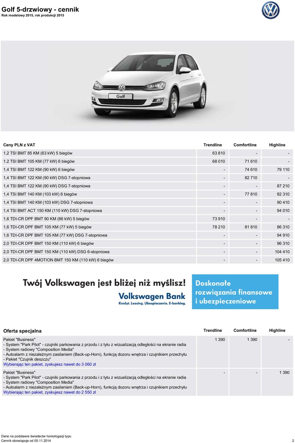 87 210 1,4 TSI BMT 140 KM (103 kw) 6 biegów - 77 810 82 310 1,4 TSI BMT 140 KM (103 kw) DSG 7-stopniowa - - 90 410 1,4 TSI BMT ACT 150 KM (110 kw) DSG 7-stopniowa - - 94 010 1,6 TDI-CR DPF BMT 90 KM