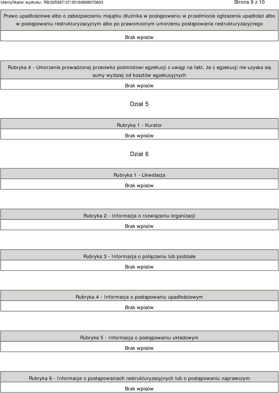 od kosztów egzekucyjnych Dział 5 Rubryka 1 - Kurator Dział 6 Rubryka 1 - Likwidacja Rubryka 2 - Informacja o rozwiązaniu organizacji Rubryka 3 - Informacja o połączeniu lub