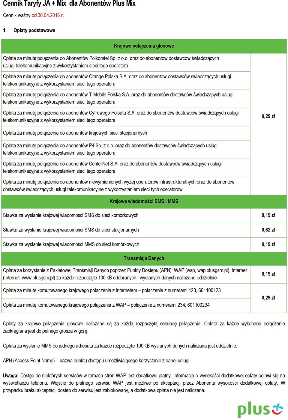 A. oraz do abonentów dostawców świadczących usługi telekomunikacyjne z wykorzystaniem sieci tego operatora 0,29 zł za minutę połączenia do abonentów krajowych sieci stacjonarnych za minutę połączenia