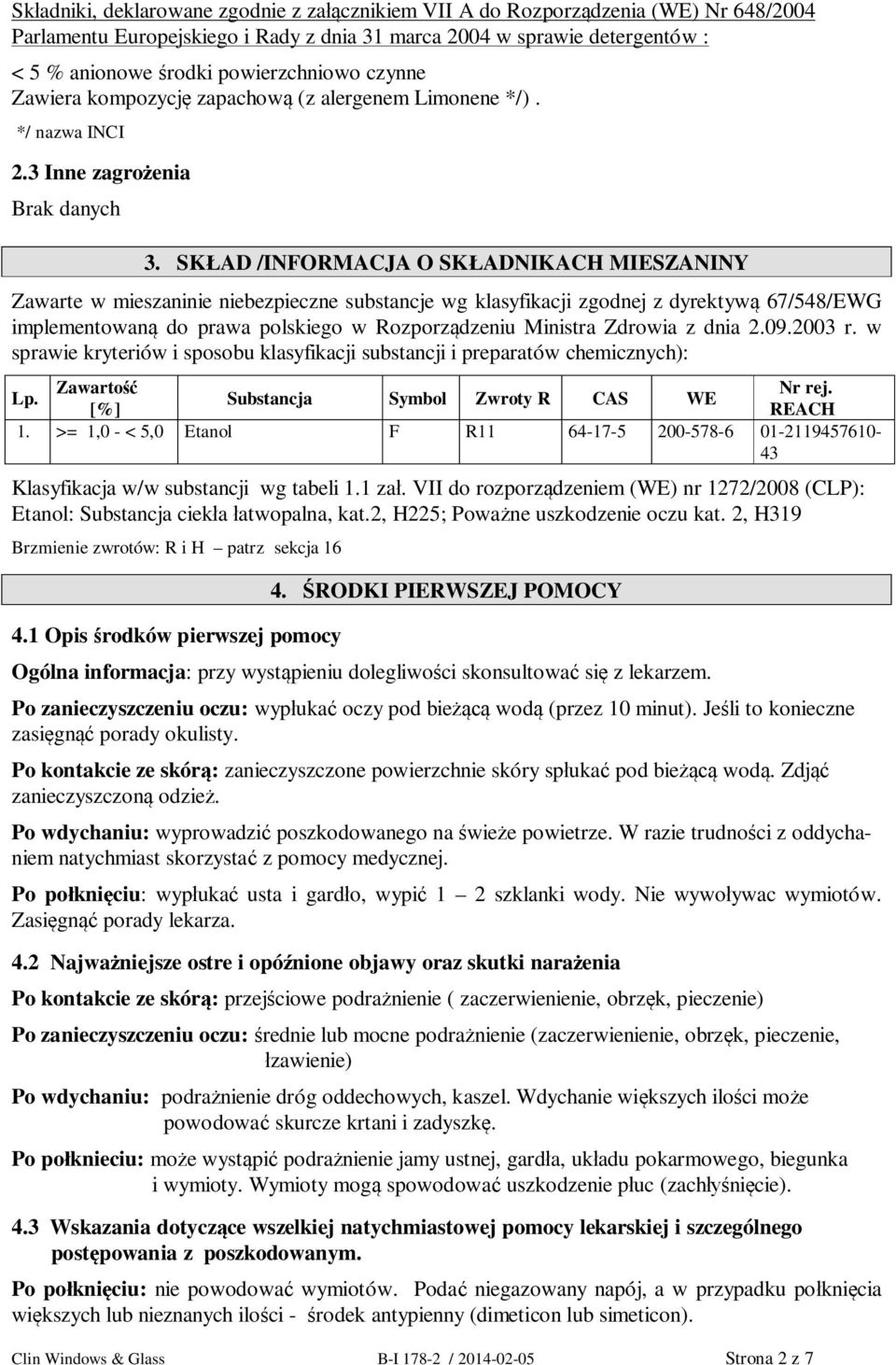 SK AD /INFORMACJA O SK ADNIKACH MIESZANINY Zawarte w mieszaninie niebezpieczne substancje wg klasyfikacji zgodnej z dyrektyw 67/548/EWG implementowan do prawa polskiego w Rozporz dzeniu Ministra