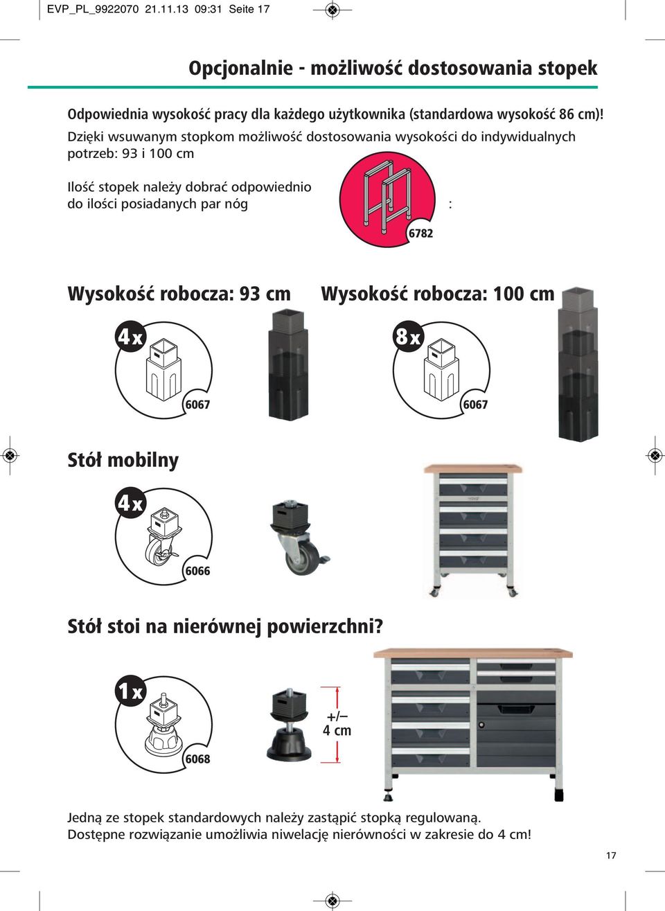 Dzięki wsuwanym stopkom możliwość dostosowania wysokości do indywidualnych potrzeb: 93 i 100 cm Ilość stopek należy dobrać odpowiednio do ilości