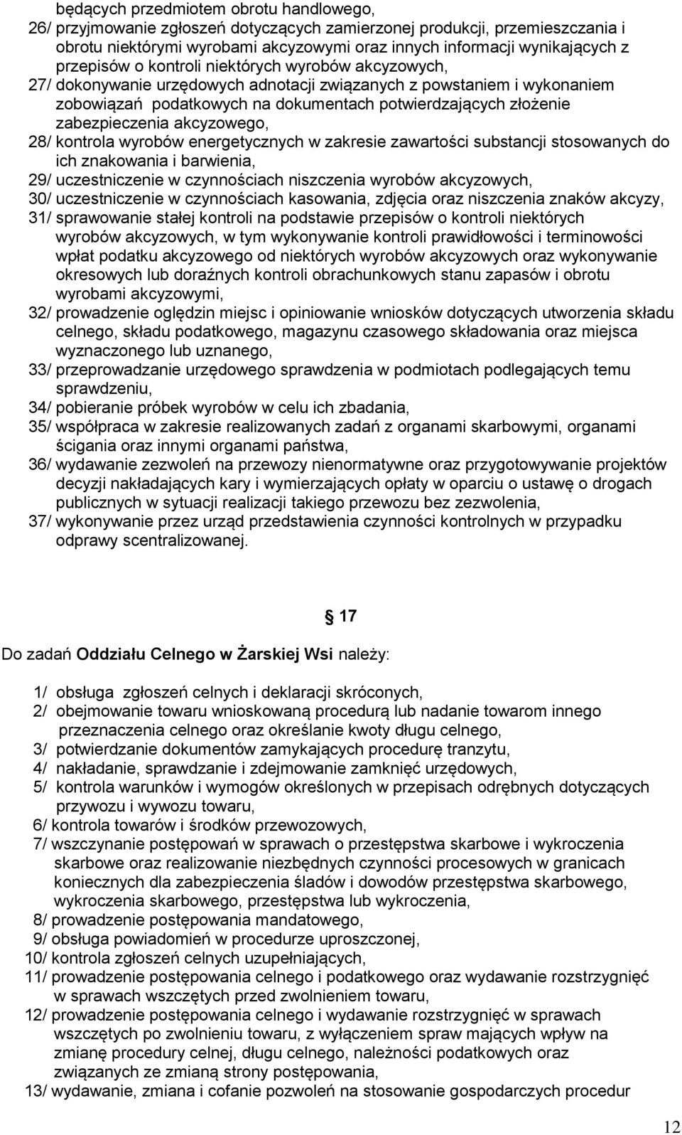 zabezpieczenia akcyzowego, 28/ kontrola wyrobów energetycznych w zakresie zawartości substancji stosowanych do ich znakowania i barwienia, 29/ uczestniczenie w czynnościach niszczenia wyrobów