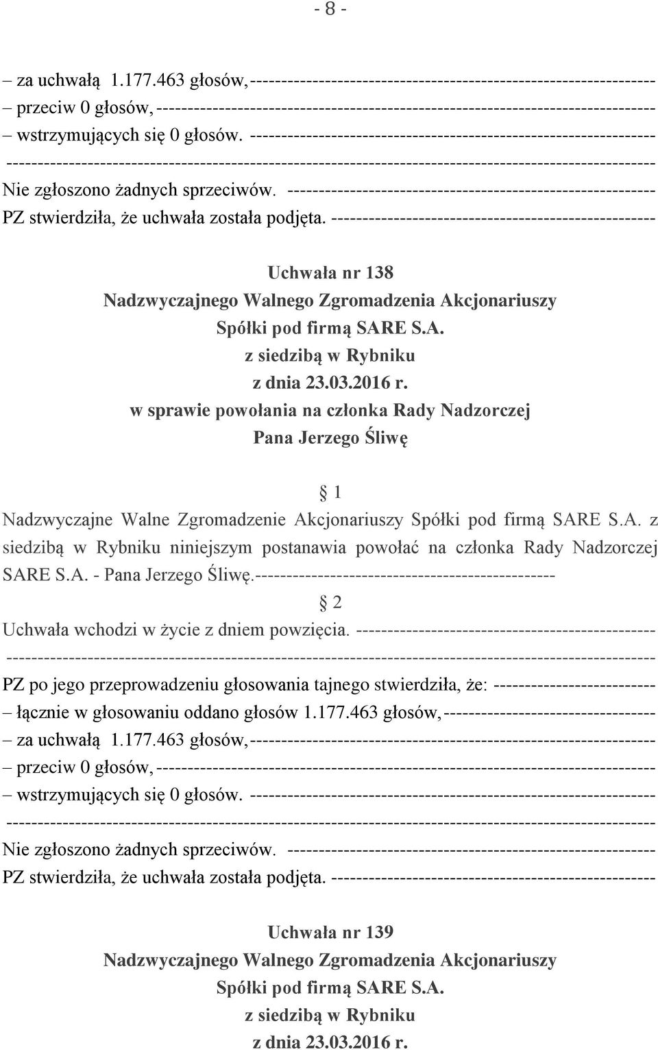 siedzibą w Rybniku niniejszym postanawia powołać na członka Rady Nadzorczej SARE S.A. - Pana Jerzego Śliwę.