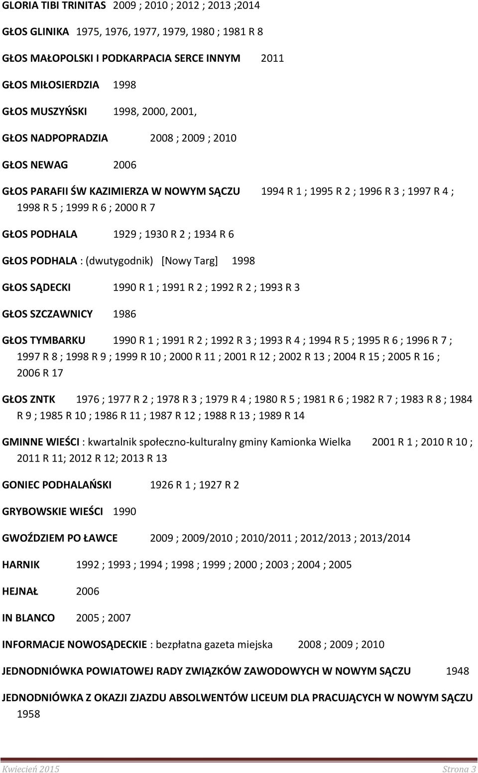 ; 1930 R 2 ; 1934 R 6 GŁOS PODHALA : (dwutygodnik) [Nowy Targ] 1998 GŁOS SĄDECKI 1990 R 1 ; 1991 R 2 ; 1992 R 2 ; 1993 R 3 GŁOS SZCZAWNICY 1986 GŁOS TYMBARKU 1990 R 1 ; 1991 R 2 ; 1992 R 3 ; 1993 R 4