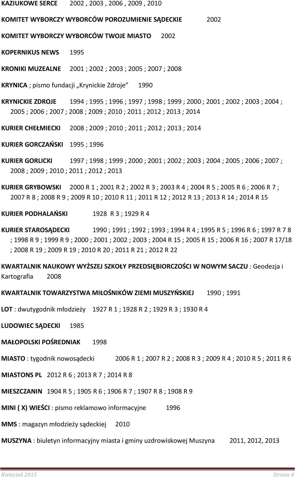 2010 ; 2011 ; 2012 ; 2013 ; 2014 KURIER CHEŁMIECKI 2008 ; 2009 ; 2010 ; 2011 ; 2012 ; 2013 ; 2014 KURIER GORCZAŃSKI 1995 ; 1996 KURIER GORLICKI 1997 ; 1998 ; 1999 ; 2000 ; 2001 ; 2002 ; 2003 ; 2004 ;