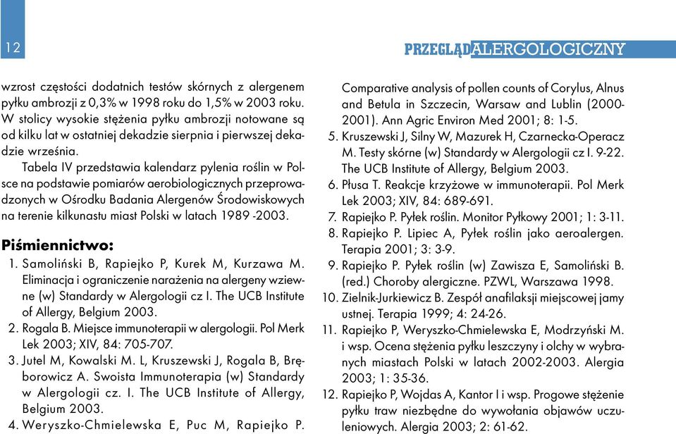 Tabela IV przedstawia kalendarz pylenia roślin w Polsce na podstawie pomiarów aerobiologicznych przeprowadzonych w Ośrodku Badania Alergenów Środowiskowych na terenie kilkunastu miast Polski w latach