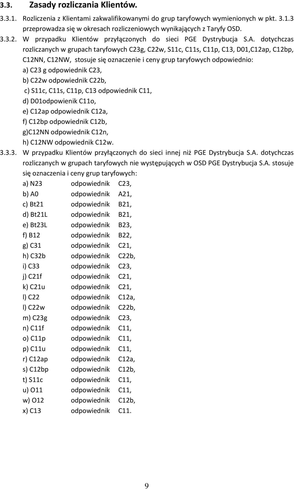 dotychczas rozliczanych w grupach taryfowych C23g, C22w, S11c, C11s, C11p, C13, D01,C12ap, C12bp, C12NN, C12NW, stosuje się oznaczenie i ceny grup taryfowych odpowiednio: a) C23 g odpowiednik C23, b)