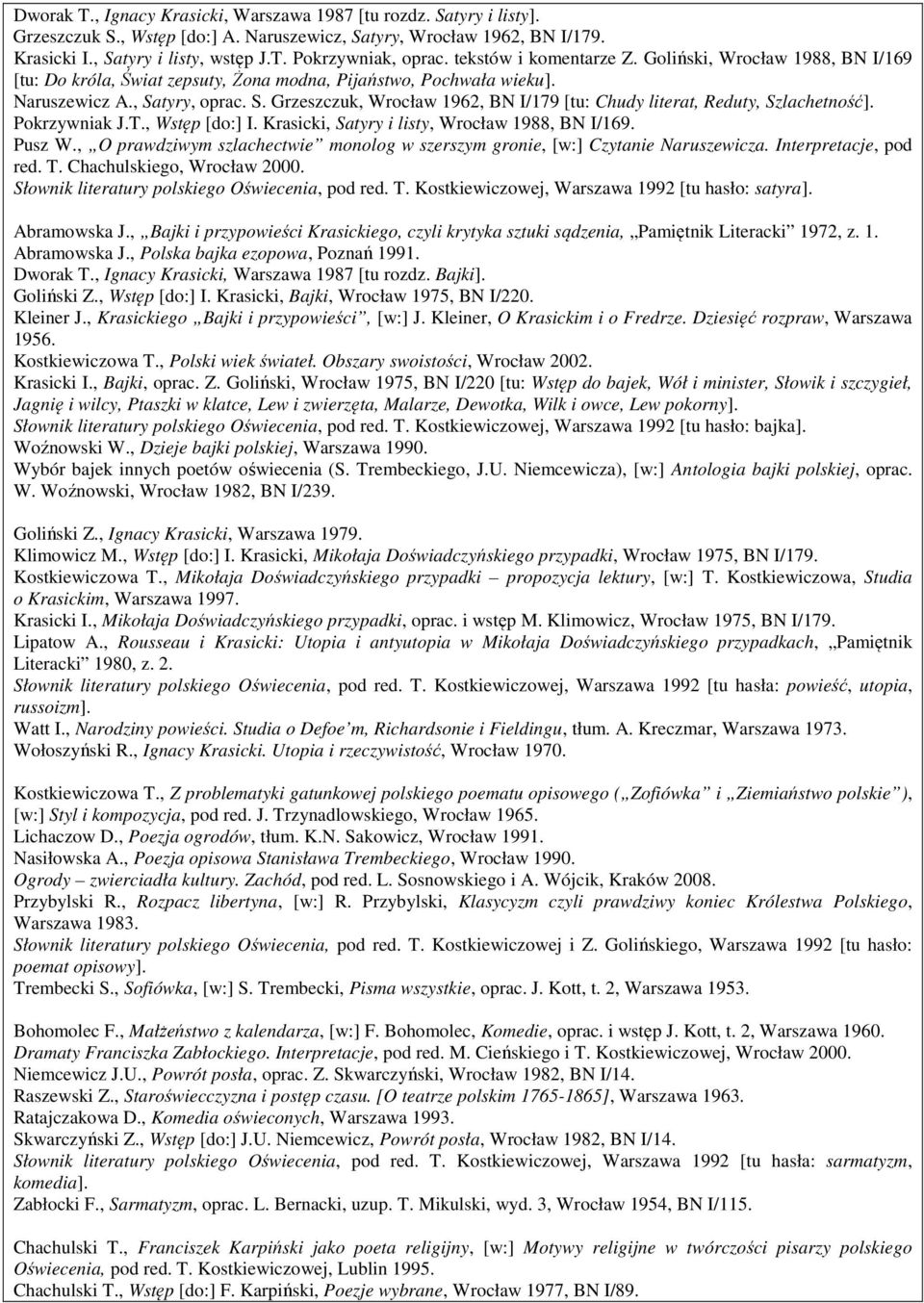 tyry, oprac. S. Grzeszczuk, Wrocław 1962, BN I/179 [tu: Chudy literat, Reduty, Szlachetność]. Pokrzywniak J.T., Wstęp [do:] I. Krasicki, Satyry i listy, Wrocław 1988, BN I/169. Pusz W.