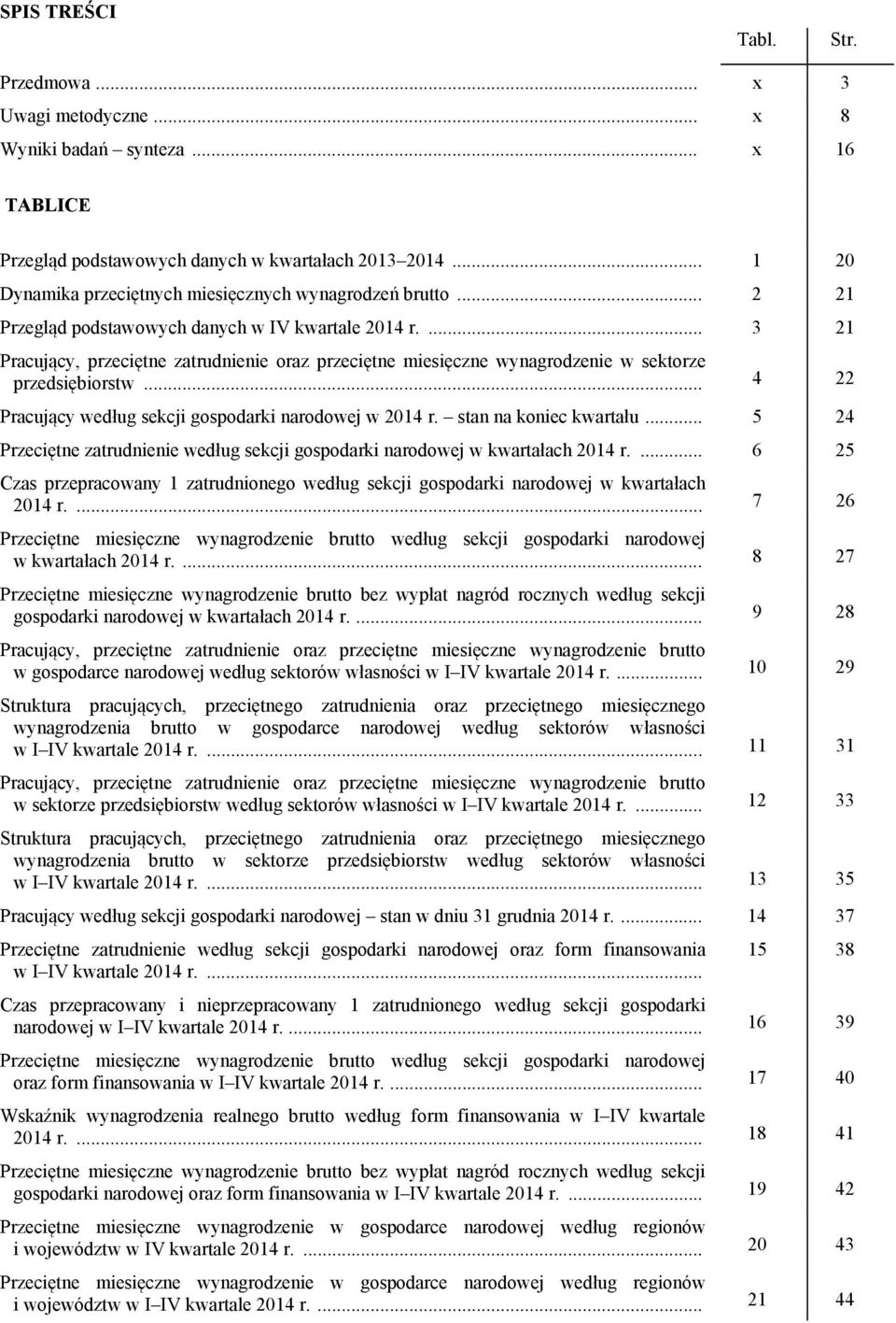 ... 3 21 Pracujący, przeciętne zatrudnienie oraz przeciętne miesięczne wynagrodzenie w sektorze przedsięiorstw... 4 22 Pracujący według sekcji gospodarki narodowej w 2014 r. stan na koniec kwartału.