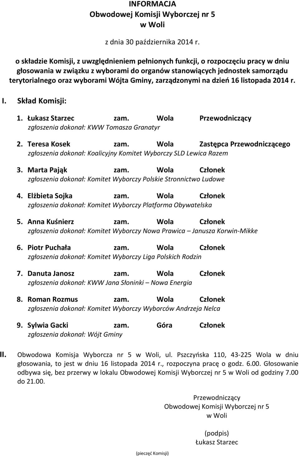 Wola Członek zgłoszenia dokonał: Komitet Wyborczy Liga Polskich Rodzin 7. Danuta Janosz zam. Wola Członek 8. Roman Rozmus zam. Wola Członek 9. Sylwia Gacki zam.