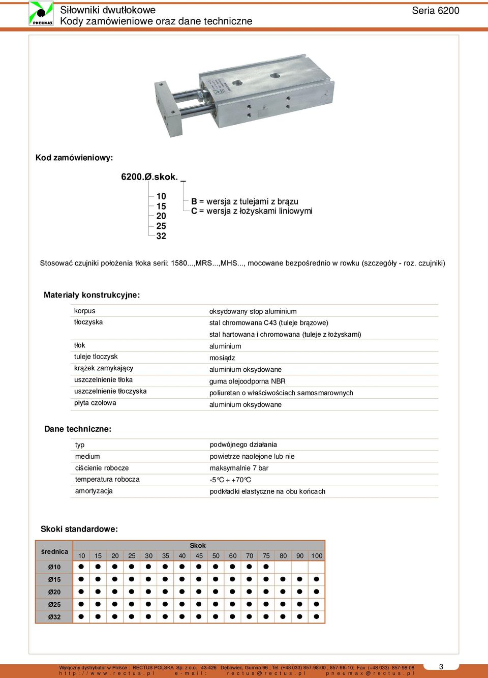 czujniki) Materiały konstrukcyjne: korpus tłoczyska tłok tuleje tloczysk krążek zamykający uszczelnienie tłoka uszczelnienie tłoczyska płyta czołowa oksydowany stop aluminium stal chromowana C