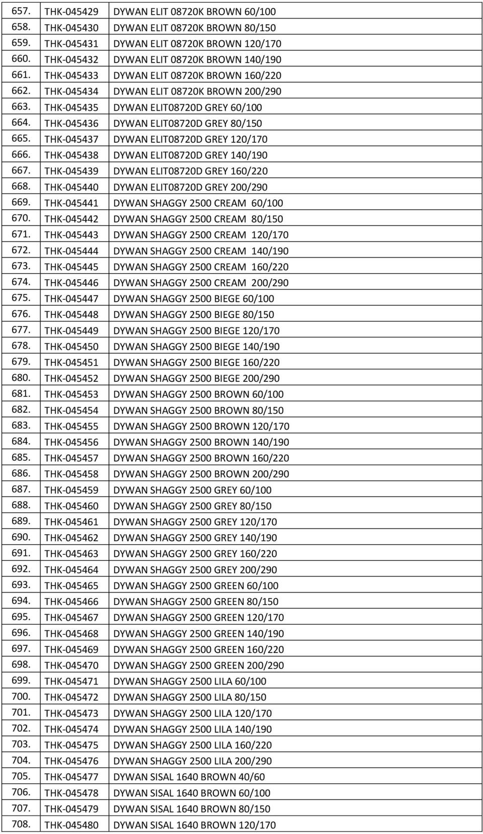 THK-045437 DYWAN ELIT08720D GREY 120/170 666. THK-045438 DYWAN ELIT08720D GREY 140/190 667. THK-045439 DYWAN ELIT08720D GREY 160/220 668. THK-045440 DYWAN ELIT08720D GREY 200/290 669.