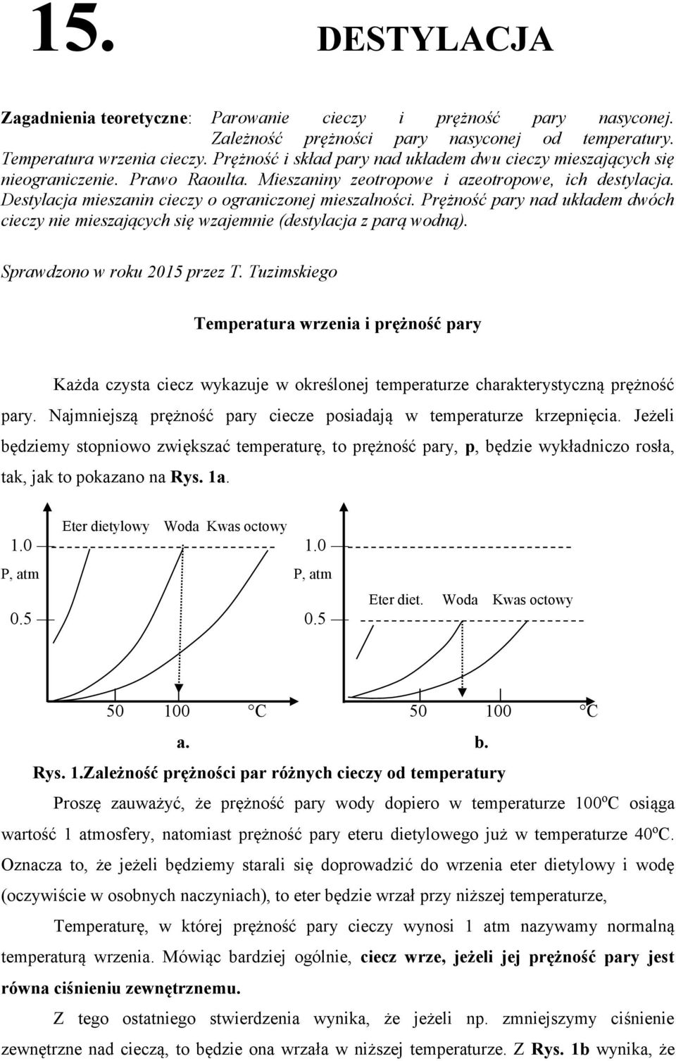 Destylacja mieszanin cieczy o ograniczonej mieszalności. Prężność pary nad układem dwóch cieczy nie mieszających się wzajemnie (destylacja z parą wodną). Sprawdzono w roku 2015 przez T.