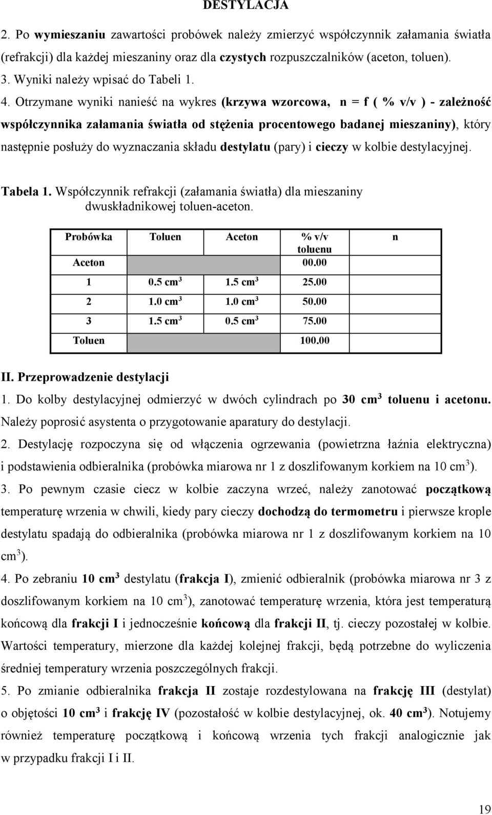Otrzymane wyniki nanieść na wykres (krzywa wzorcowa, n = f ( % v/v ) - zależność współczynnika załamania światła od stężenia procentowego badanej mieszaniny), który następnie posłuży do wyznaczania