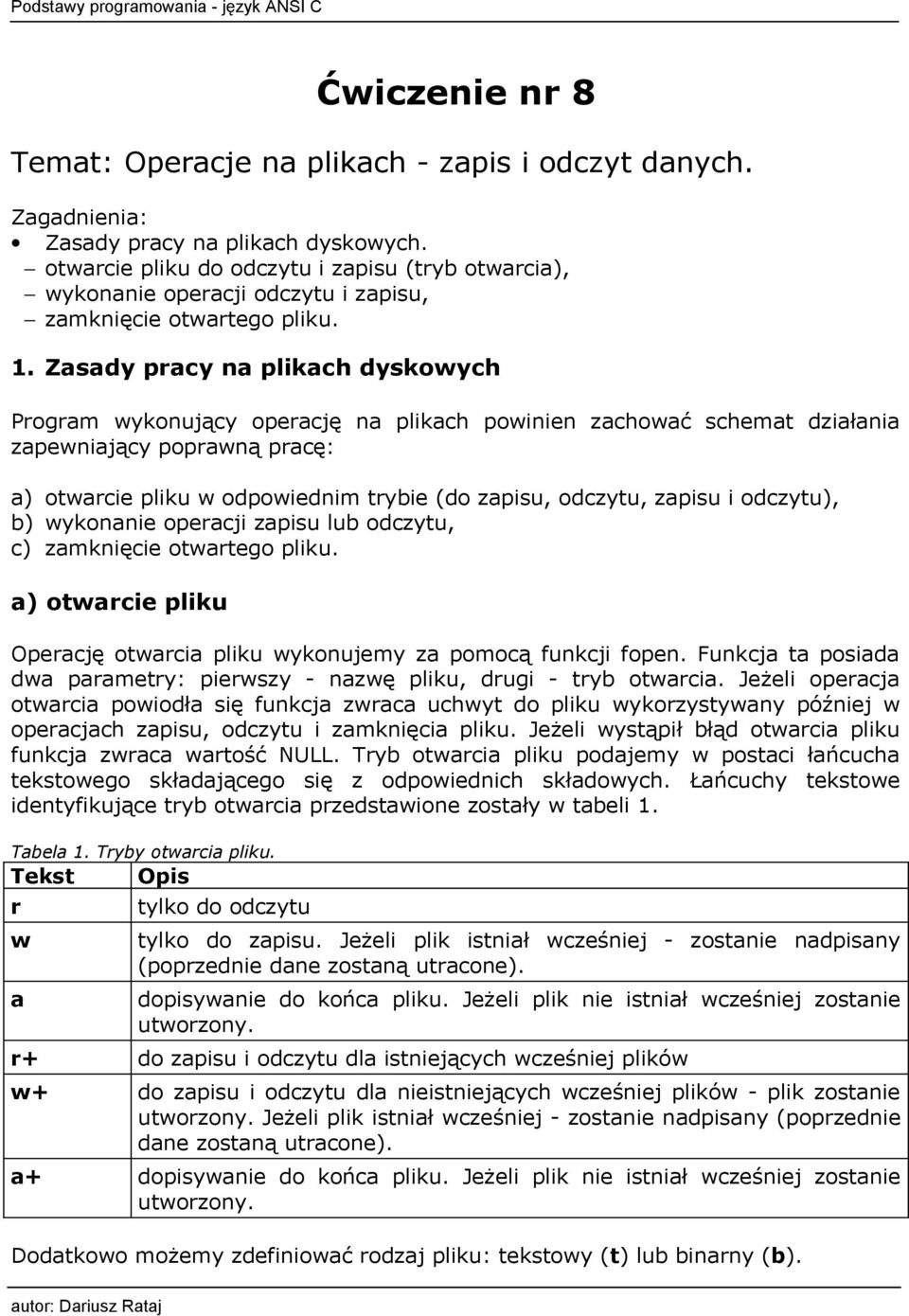 Zasady pracy na plikach dyskowych Program wykonujący operację na plikach powinien zachować schemat działania zapewniający poprawną pracę: a) otwarcie pliku w odpowiednim trybie (do zapisu, odczytu,