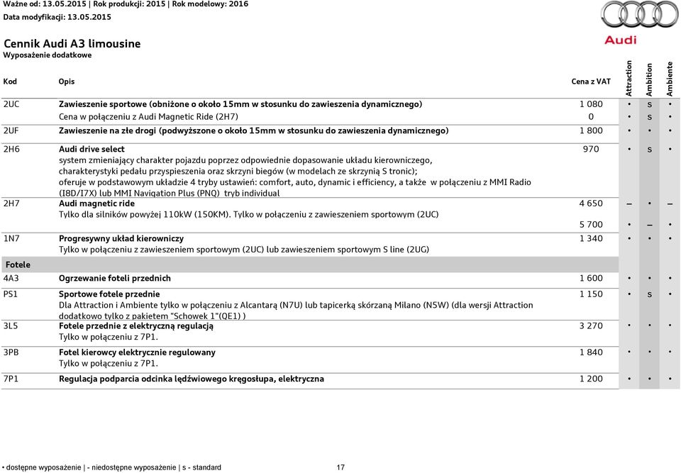 dopasowanie układu kierowniczego, charakterystyki pedału przyspieszenia oraz skrzyni biegów (w modelach ze skrzynią S tronic); oferuje w podstawowym układzie 4 tryby ustawień: comfort, auto, dynamic