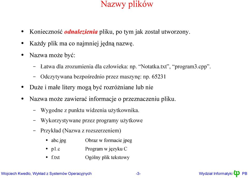 65231 Duże i małe litery mogą być rozróżniane lub nie Nazwa może zawierać informacje o przeznaczeniu pliku. Wygodne z punktu widzenia użytkownika.