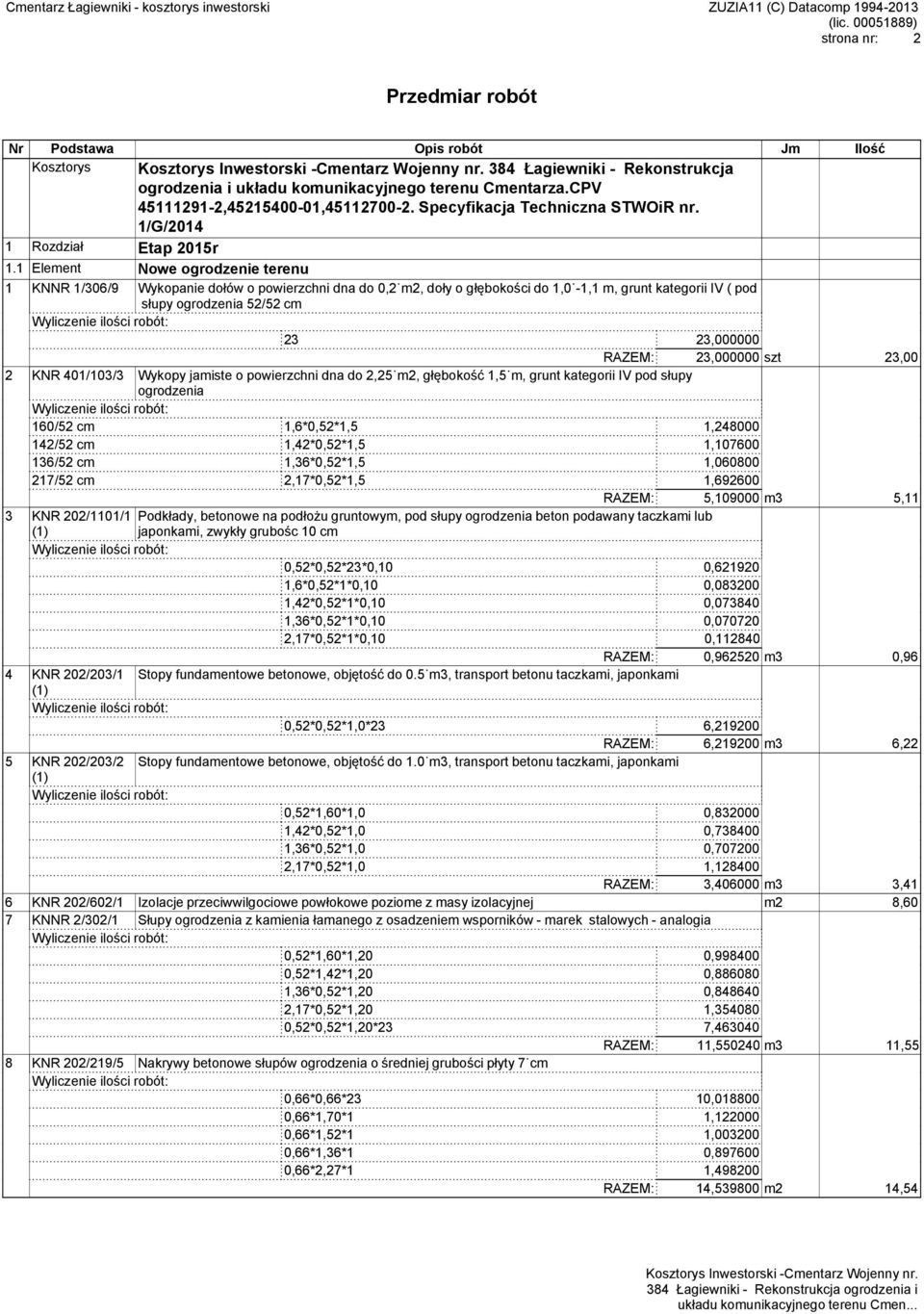 1 Element Nowe ogrodzenie terenu 1 KNNR 1/306/9 Wykopanie dołów o powierzchni dna do 0,2 m2, doły o głębokości do 1,0-1,1 m, grunt kategorii IV ( pod słupy ogrodzenia 52/52 cm 23 23,000000 RAZEM:
