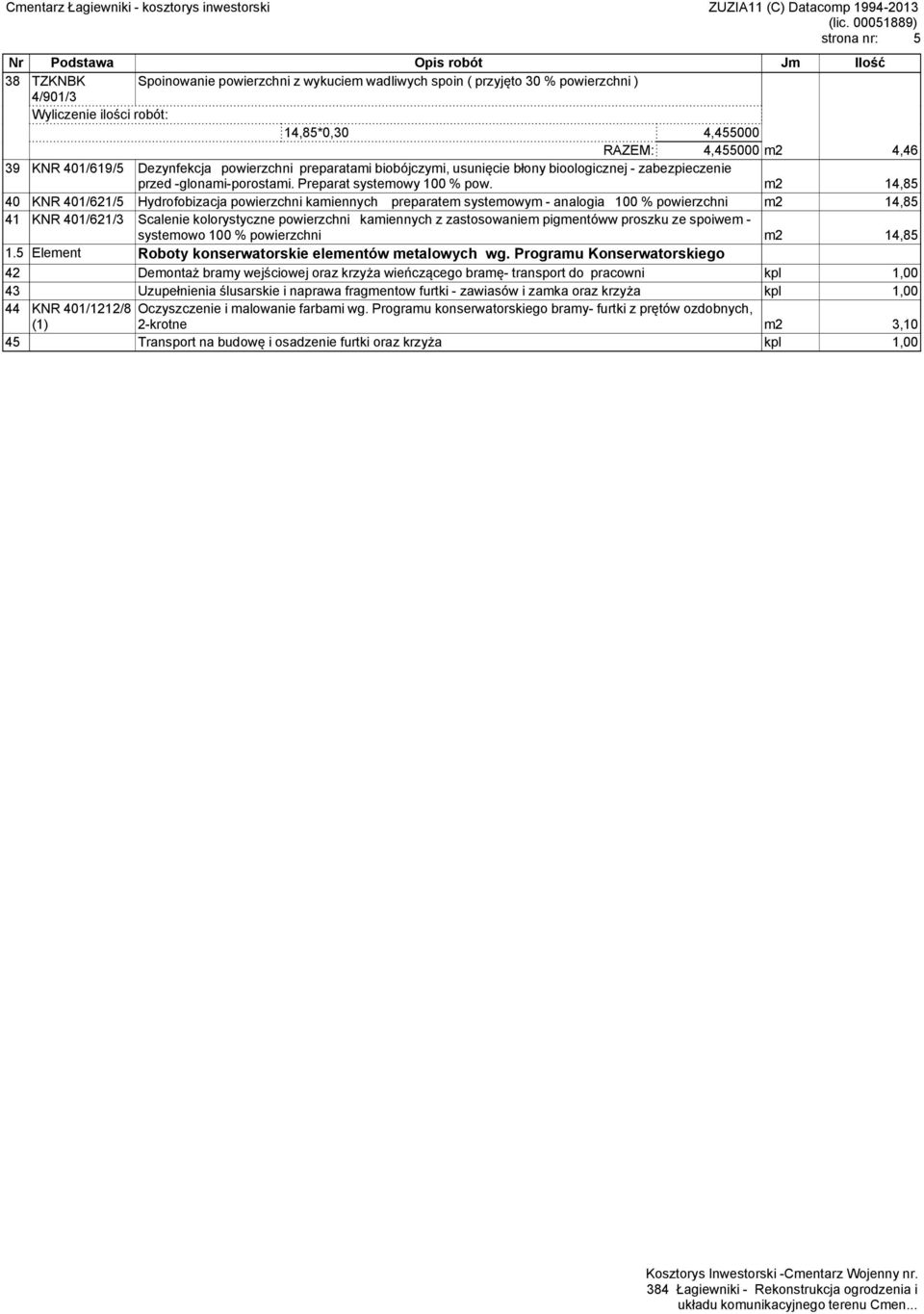 m2 14,85 40 KNR 401/621/5 Hydrofobizacja powierzchni kamiennych preparatem systemowym - analogia 100 % powierzchni m2 14,85 41 KNR 401/621/3 Scalenie kolorystyczne powierzchni kamiennych z