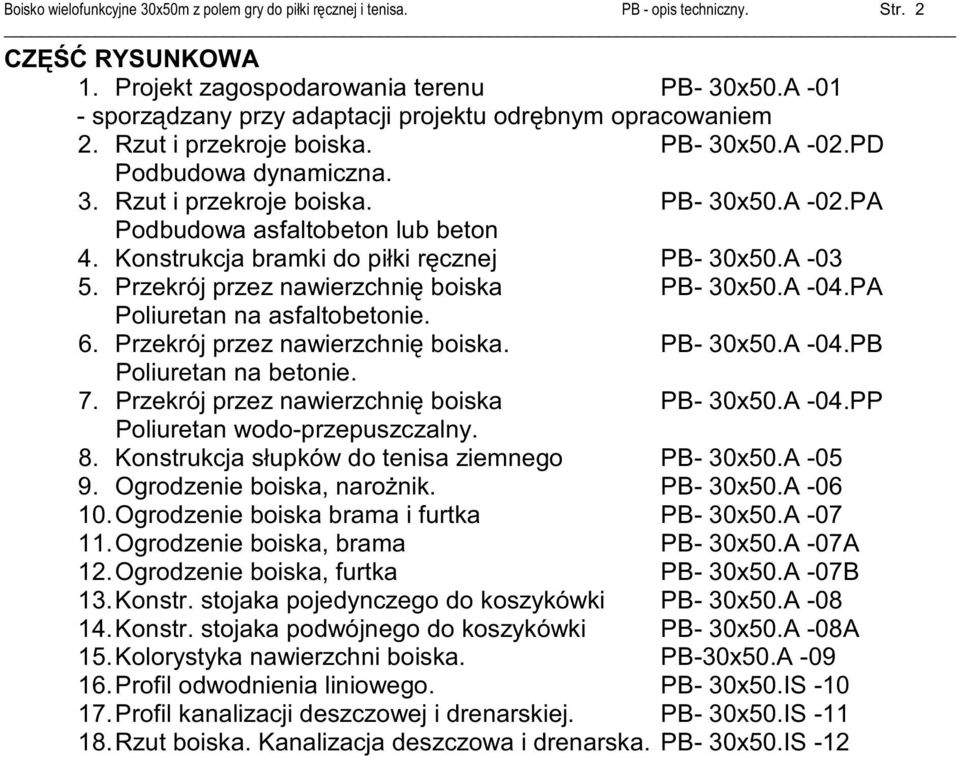 Przekrój przez nawierzchni boiska PB- 30x50.A -04.PA Poliuretan na asfaltobetonie. 6. Przekrój przez nawierzchni boiska. PB- 30x50.A -04.PB Poliuretan na betonie. 7.