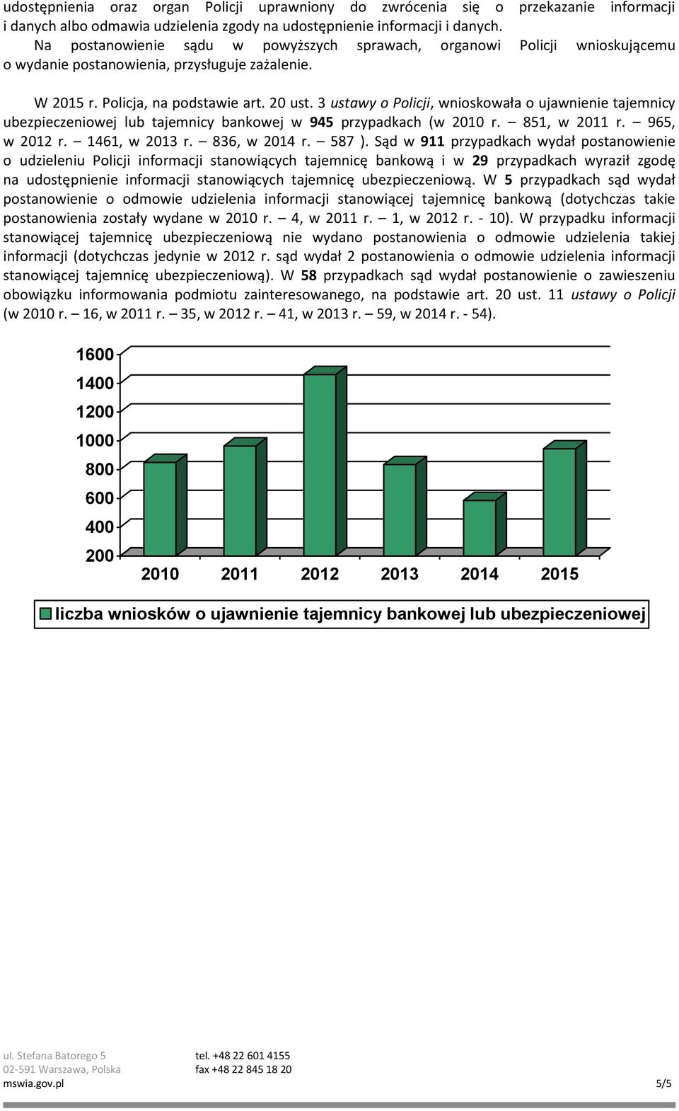 3 ustawy o Policji, wnioskowała o ujawnienie tajemnicy ubezpieczeniowej lub tajemnicy bankowej w 945 przypadkach (w 2010 r. 851, w 2011 r. 965, w 2012 r. 1461, w 2013 r. 836, w 2014 r. 587 ).