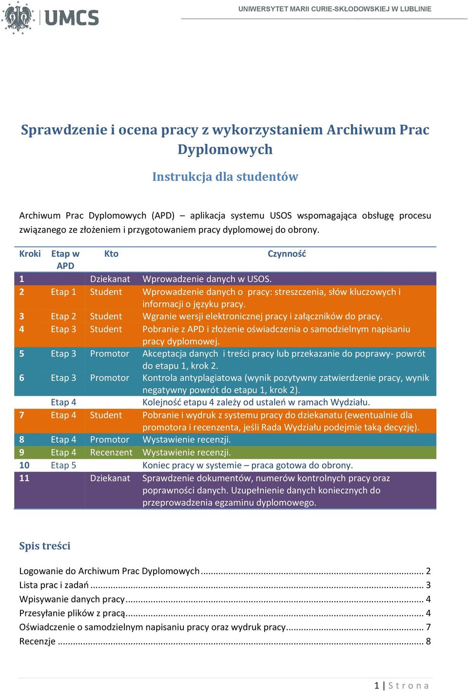 2 Etap 1 Student Wprowadzenie danych o pracy: streszczenia, słów kluczowych i informacji o języku pracy. 3 Etap 2 Student Wgranie wersji elektronicznej pracy i załączników do pracy.