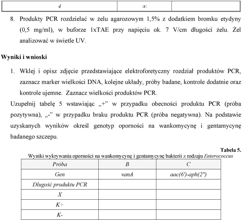 Zaznacz wielkości produktów PCR. Uzupełnij tabelę 5 wstawiając + w przypadku obecności produktu PCR (próba pozytywna), - w przypadku braku produktu PCR (próba negatywna).