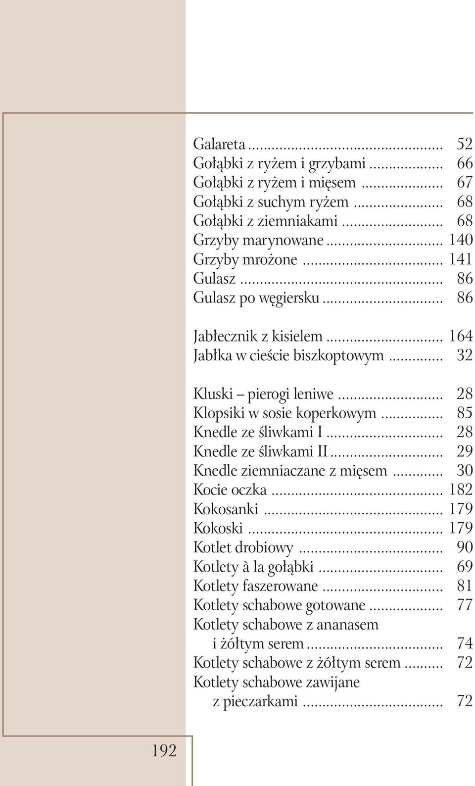 .. 85 Knedle ze śliwkami I... 28 Knedle ze śliwkami II... 29 Knedle ziemniaczane z mięsem... 30 Kocie oczka... 182 Kokosanki... 179 Kokoski... 179 Kotlet drobiowy.