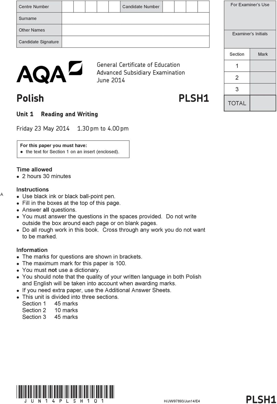 Time allowed 2 hours 30 minutes A Instructions Use black ink or black ball-point pen. Fill in the es at the top of this page. Answer all questions.