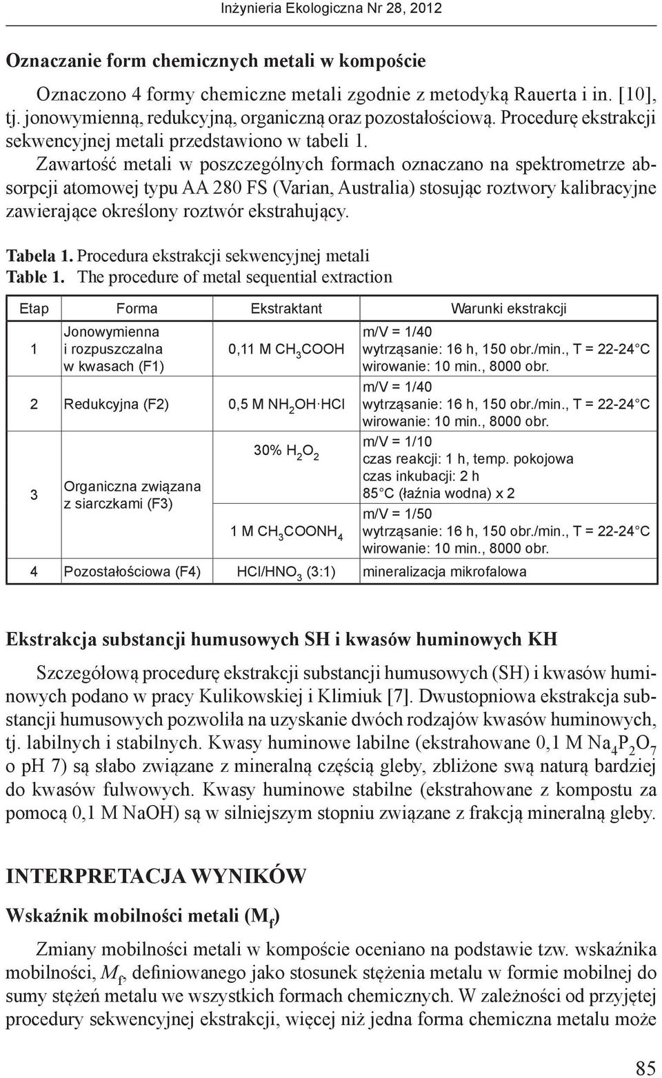 Zawartość metali w poszczególnych formach oznaczano na spektrometrze absorpcji atomowej typu AA 280 FS (Varian, Australia) stosując roztwory kalibracyjne zawierające określony roztwór ekstrahujący.