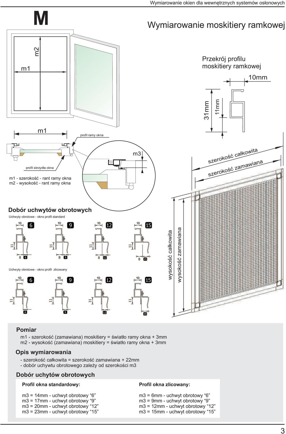 m - szerokoœæ (zamawiana) moskitiery = œwiat³o ramy okna + mm m - wysokoœæ (zamawiana) moskitiery = œwiat³o ramy okna + mm - = szerokoœæ zamawiana + mm - dobór uchywtu obrotowego zale y od szerokoœci