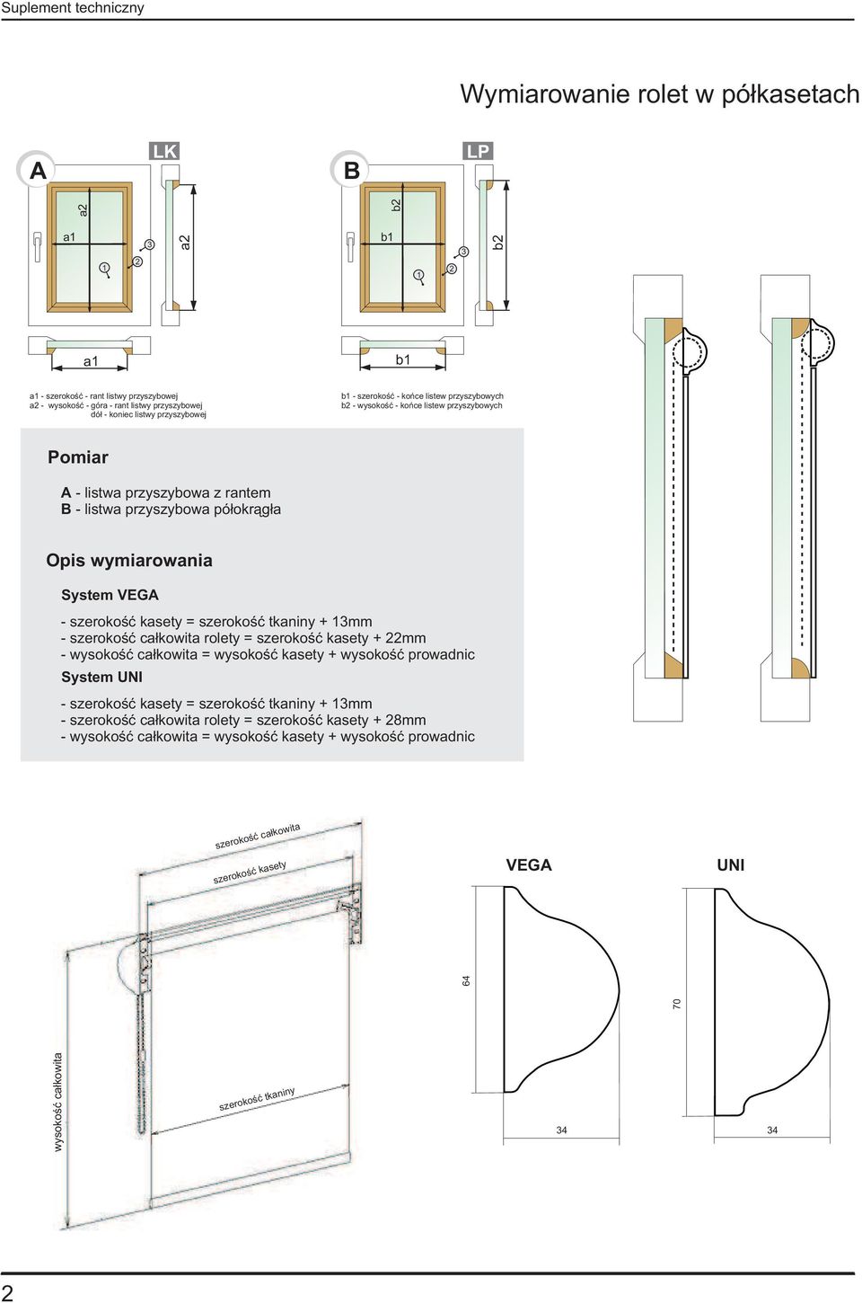 przyszybowa pó³okr¹g³a System VEGA - szerokoœæ kasety = szerokoœæ tkaniny + mm - rolety = szerokoœæ kasety + mm - = wysokoœæ kasety + wysokoœæ prowadnic System UNI -