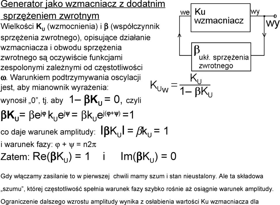 aby 1 βk U = 0, czyli βk U = βe jϕ k U e jψ = βk U e j(ϕ+ψ) =1 co daje warunek amplitudy: IβK U I = βk U = 1 i warunek fazy: ϕ + ψ = n2π Zatem: Re(βK U ) = 1 i Im(βK U ) = 0 Gdy włączamy