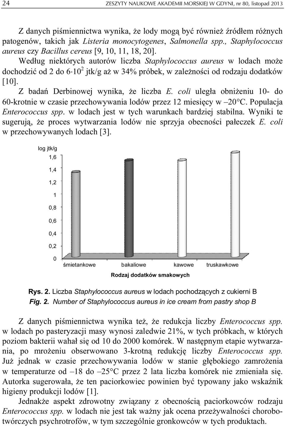 Według niektórych autorów liczba Staphylococcus aureus w lodach może dochodzić od 2 do 6 10 2 jtk/g aż w 34% próbek, w zależności od rodzaju dodatków [10]. Z badań Derbinowej wynika, że liczba E.