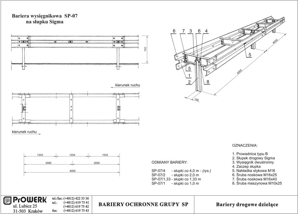 ) SP-07/2 - słupki co 2,0 m SP-07/1,33 - słupki co 1,33 m SP-07/1 - słupki co 1,0 m OZNACZENIA: 2.