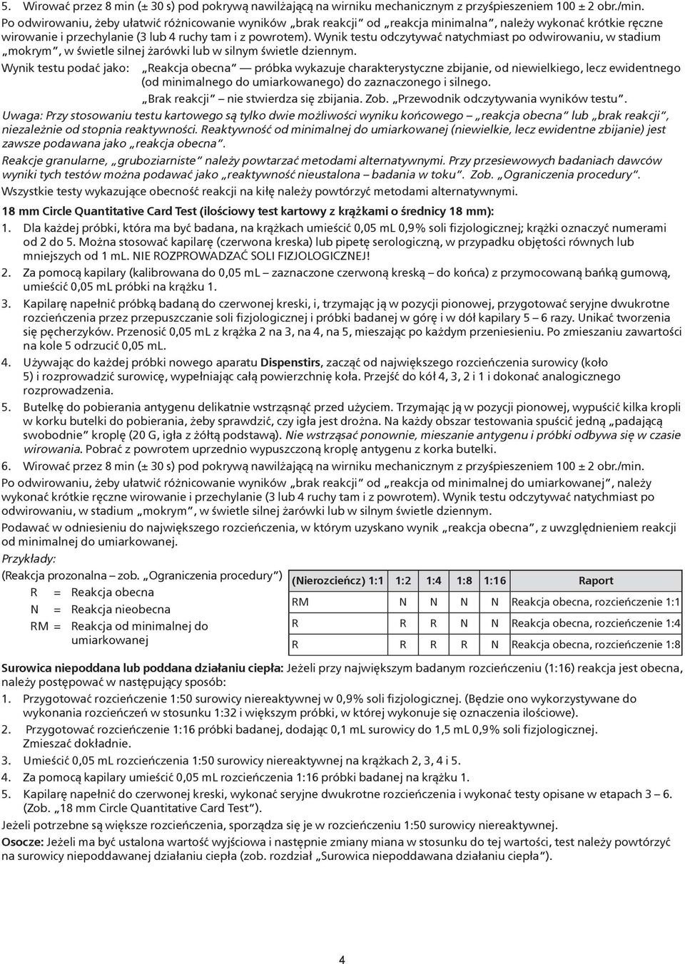 Wynik testu odczytywać natychmiast po odwirowaniu, w stadium mokrym, w świetle silnej żarówki lub w silnym świetle dziennym.