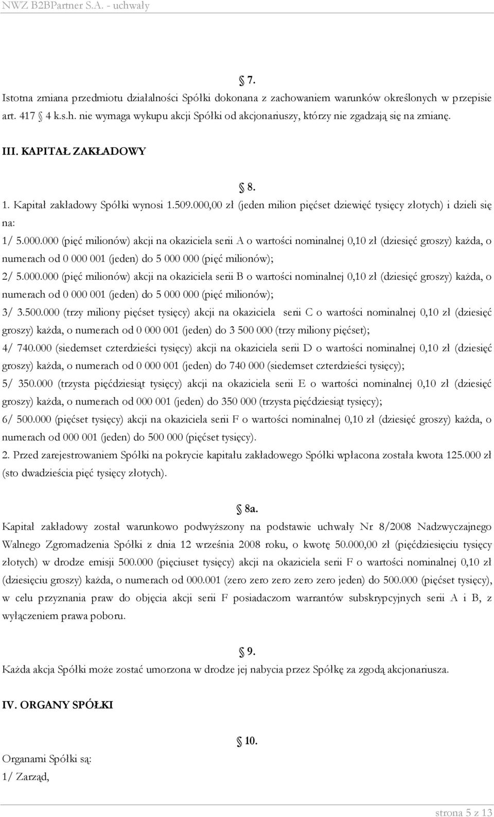 00 zł (jeden milion pięćset dziewięć tysięcy złotych) i dzieli się na: 1/ 5.000.